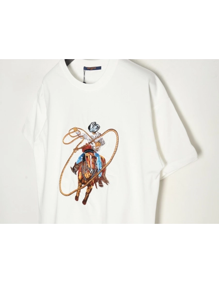 Louis Vuitton Western Denim Embroidered Short Sleeve TShirt,cheap Louis Vuitton