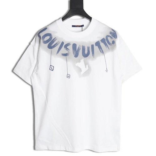 Louis Vuitton collar graffiti letters printed large logo shortsleeved Tshirt,cheap Louis Vuitton