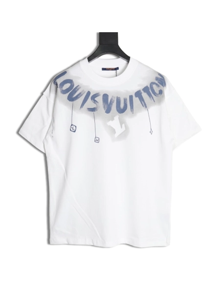 Louis Vuitton collar graffiti letters printed large logo shortsleeved Tshirt,cheap Louis Vuitton