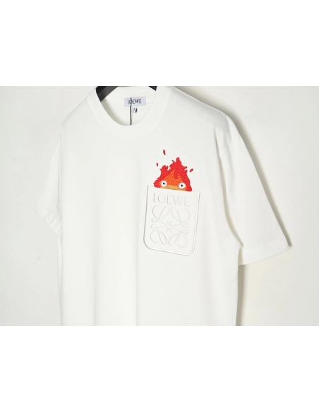 Loewe &amp; Hals Moving Castle Joint Pocket Flame Embroidered Short Sleeve T-shirt,Loewe