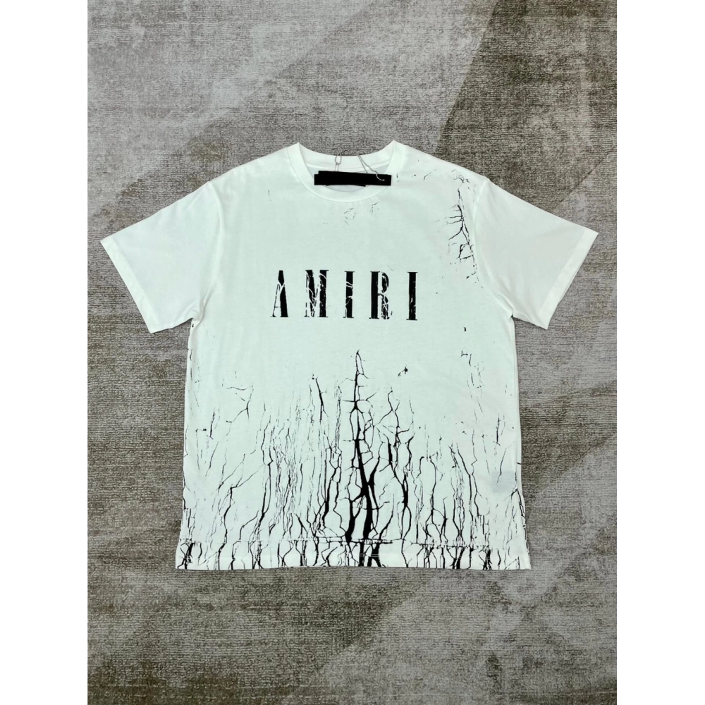 Amiri New print silk crack letter short-sleeved wide logo silk crack feeling print T-shirt,Amiri T Shirt,Tshirt,APPAREL