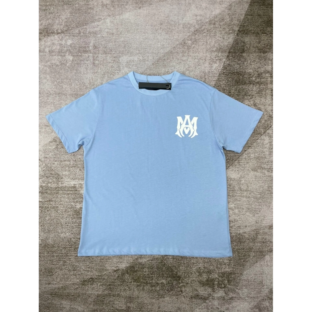 Amiri New print sky blue short-sleeved rear wide logo letter printt T-shirt,Amiri T Shirt,Tshirt,APPAREL