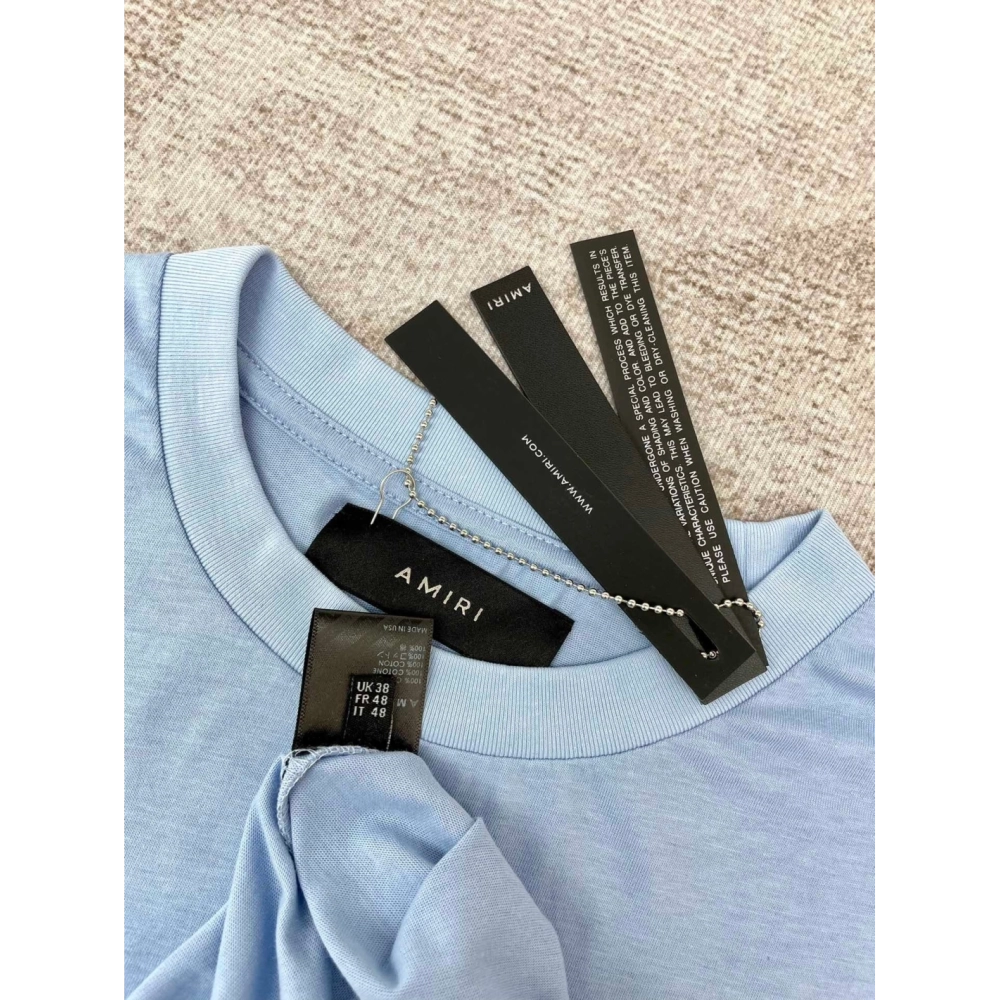 Amiri New print sky blue short-sleeved rear wide logo letter printt T-shirt,Amiri T Shirt,Tshirt,APPAREL