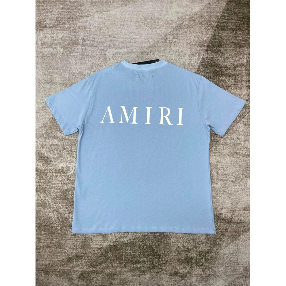 Amiri New print sky blue short-sleeved rear wide logo letter printt T-shirt,Amiri T Shirt,Tshirt,APPAREL