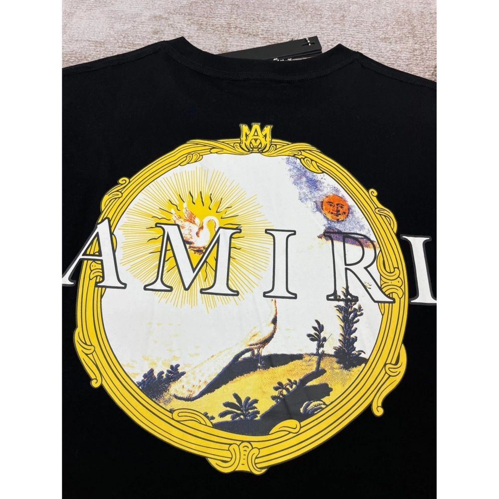 Amiri New print sun black short-sleeved wide AM letter rear sun print T-shirt,Amiri T Shirt,Tshirt,APPAREL