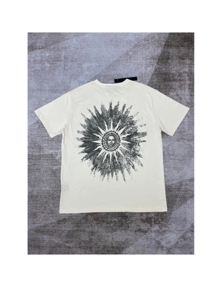 Amiri New print sun head apricot short-sleeved wide logo letter rear sun portrait printT-shirt,Amiri T Shirt,Tshirt,APPAREL