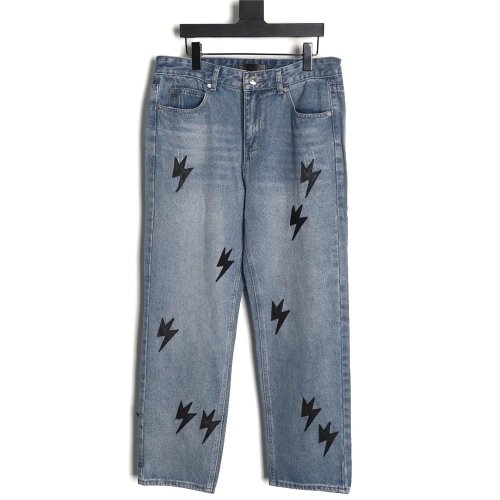 Amexnocap leather label lightning bolt denim trousers TSK1,Amexnocap