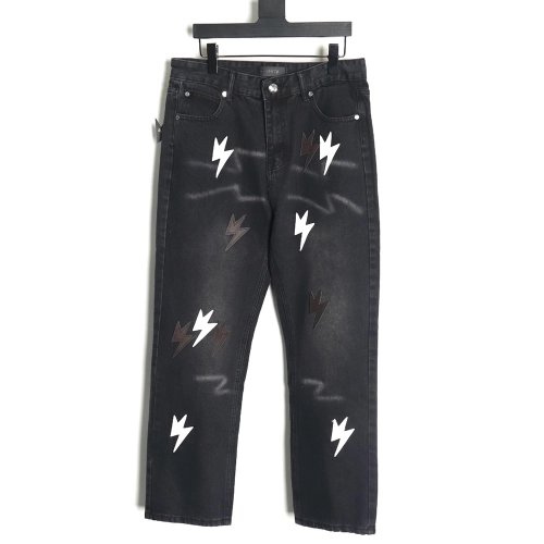 Amexnocap leather label lightning bolt denim trousers TSK2,Amexnocap