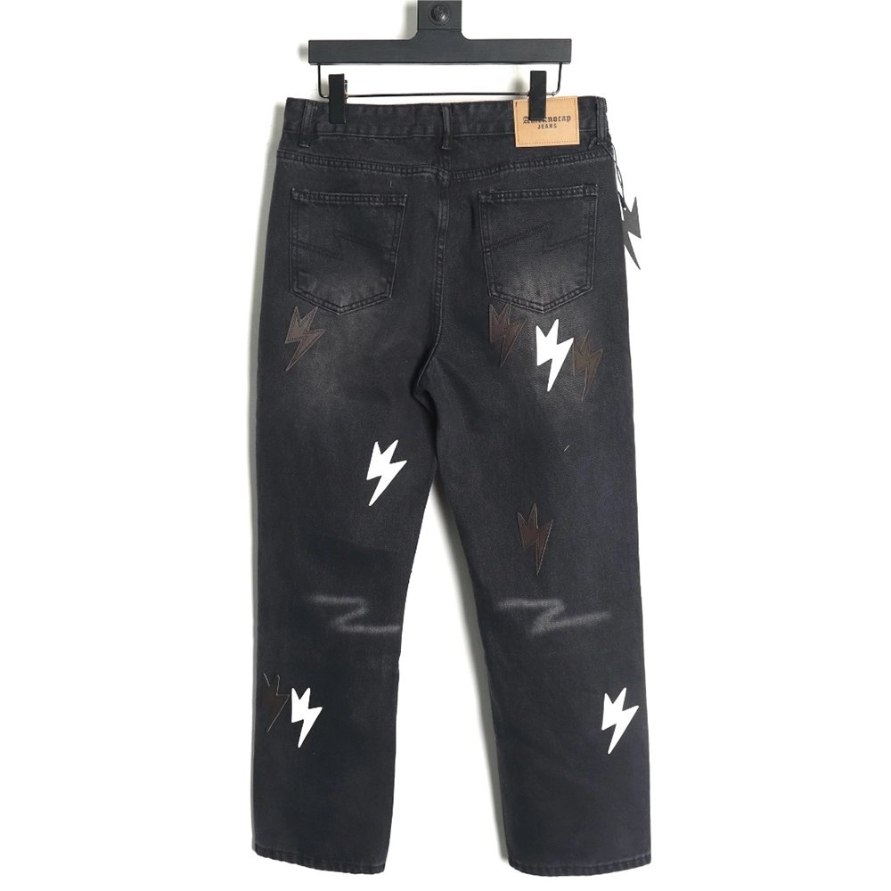 Amexnocap leather label lightning bolt denim trousers TSK2,Amexnocap