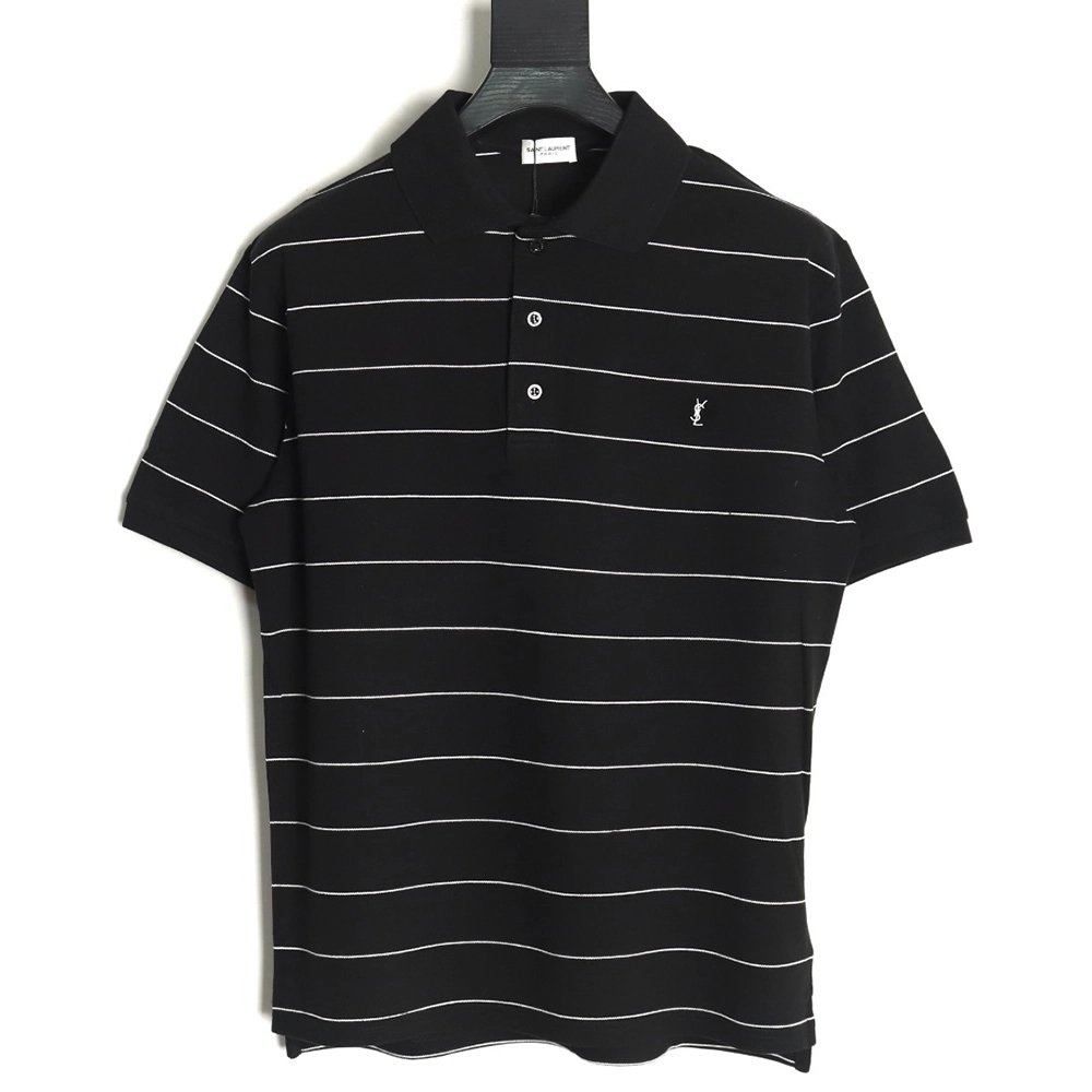 Saint Laurent YSL Logo Embroidered Striped Short Sleeve Polo Shirt,Saint Laurent