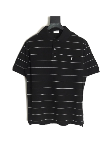 Saint Laurent YSL Logo Embroidered Striped Short Sleeve Polo Shirt,Saint Laurent