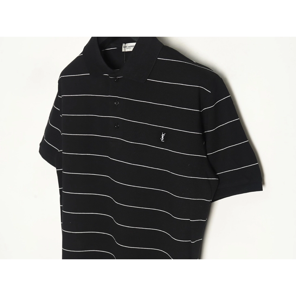 Saint Laurent YSL Logo Embroidered Striped Short Sleeve Polo Shirt,Saint Laurent