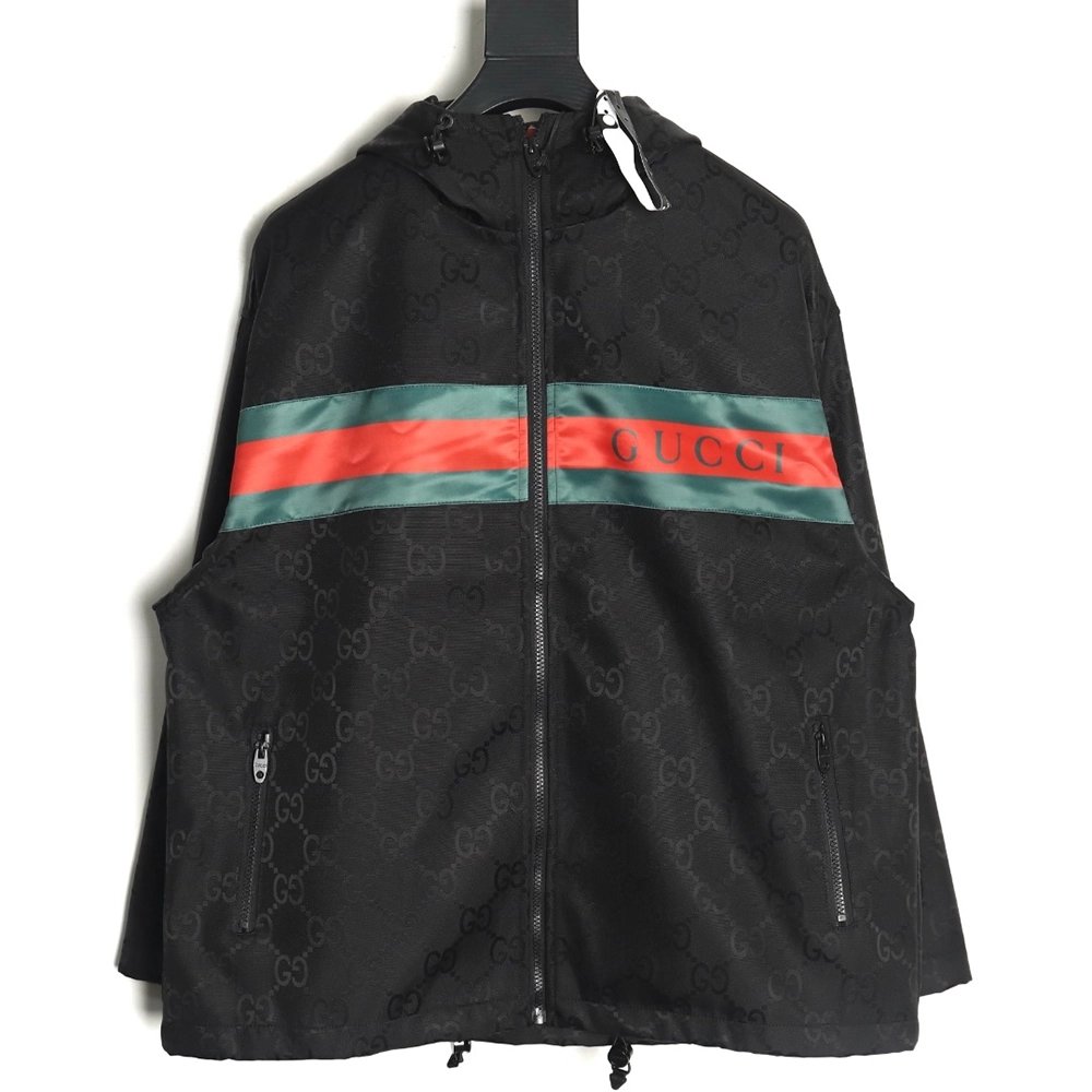 Gucci red and green webbing hooded trench coat,Gucci