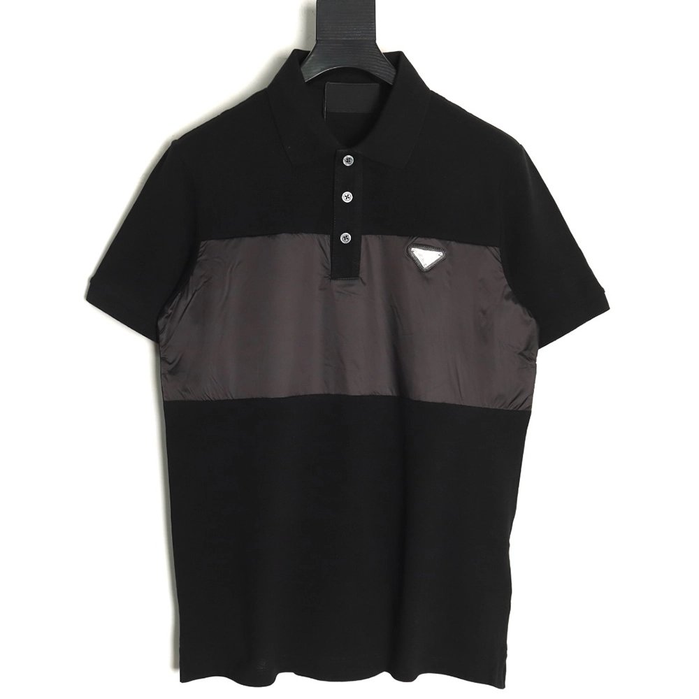 Prada triangle logo nylon patchwork Polo short sleeve,Prada Shirt,Shirt,APPAREL