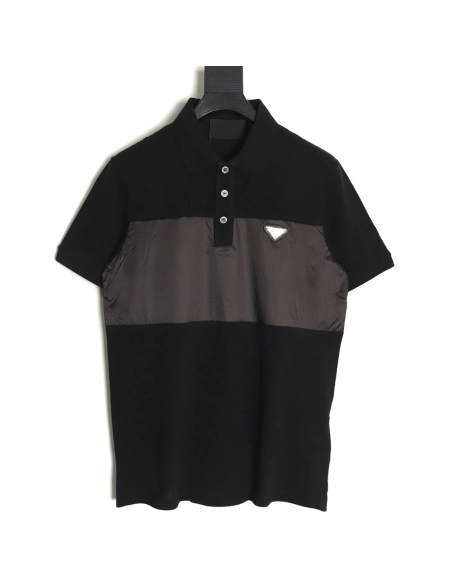 Prada triangle logo nylon patchwork Polo short sleeve,Prada Shirt,Shirt,APPAREL