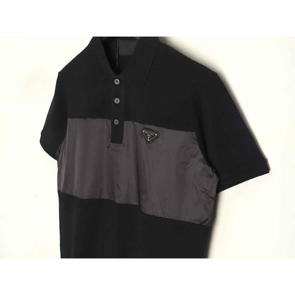 Prada triangle logo nylon patchwork Polo short sleeve,Prada Shirt,Shirt,APPAREL