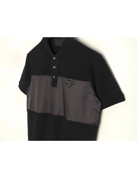 Prada triangle logo nylon patchwork Polo short sleeve,Prada Shirt,Shirt,APPAREL