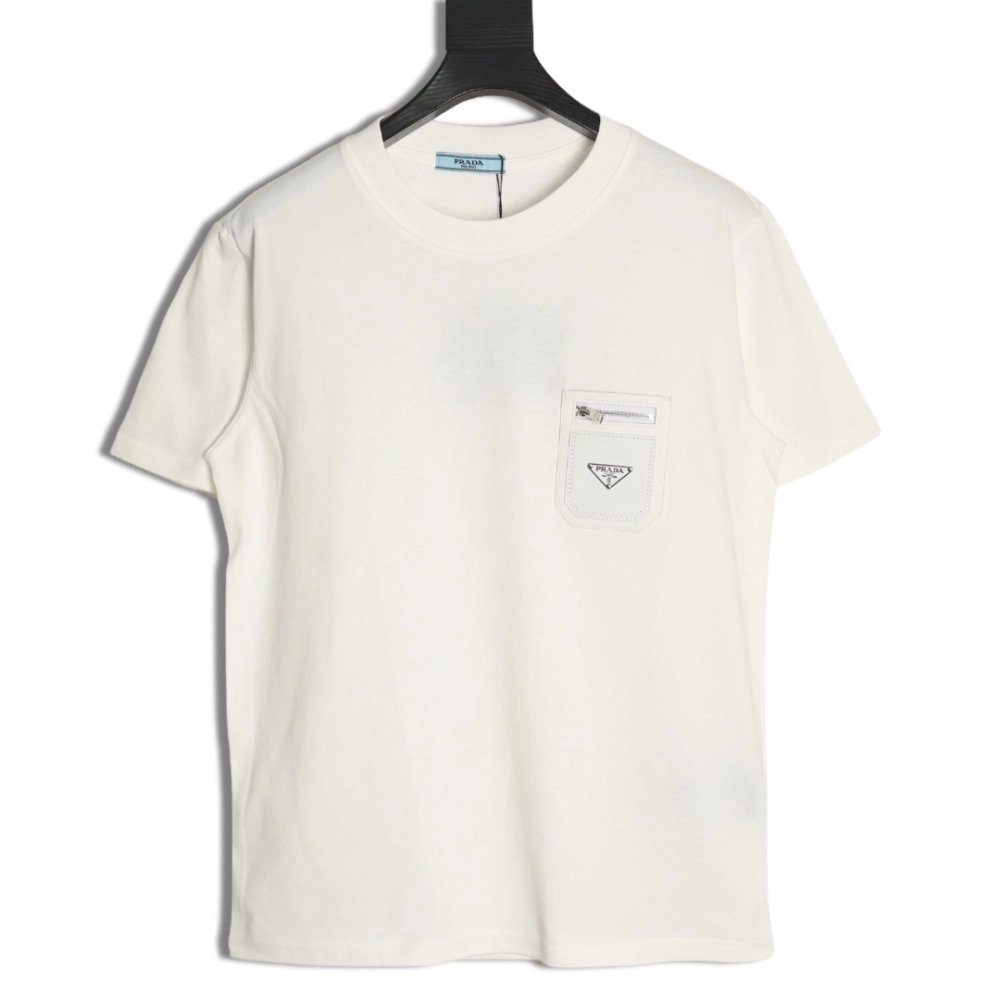 Prada triangle logo leather tag pocket short sleeves,Prada