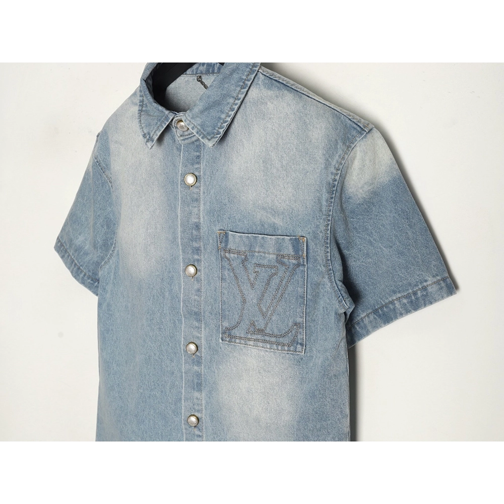 Louis Vuitton Embroidered Pocket Denim Short Sleeve Shirt Jacket,Louis Vuitton T Shirt,Tshirt,APPAREL