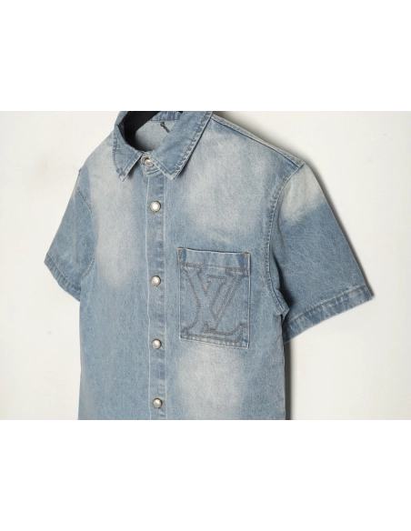 Louis Vuitton Embroidered Pocket Denim Short Sleeve Shirt Jacket,Louis Vuitton T Shirt,Tshirt,APPAREL