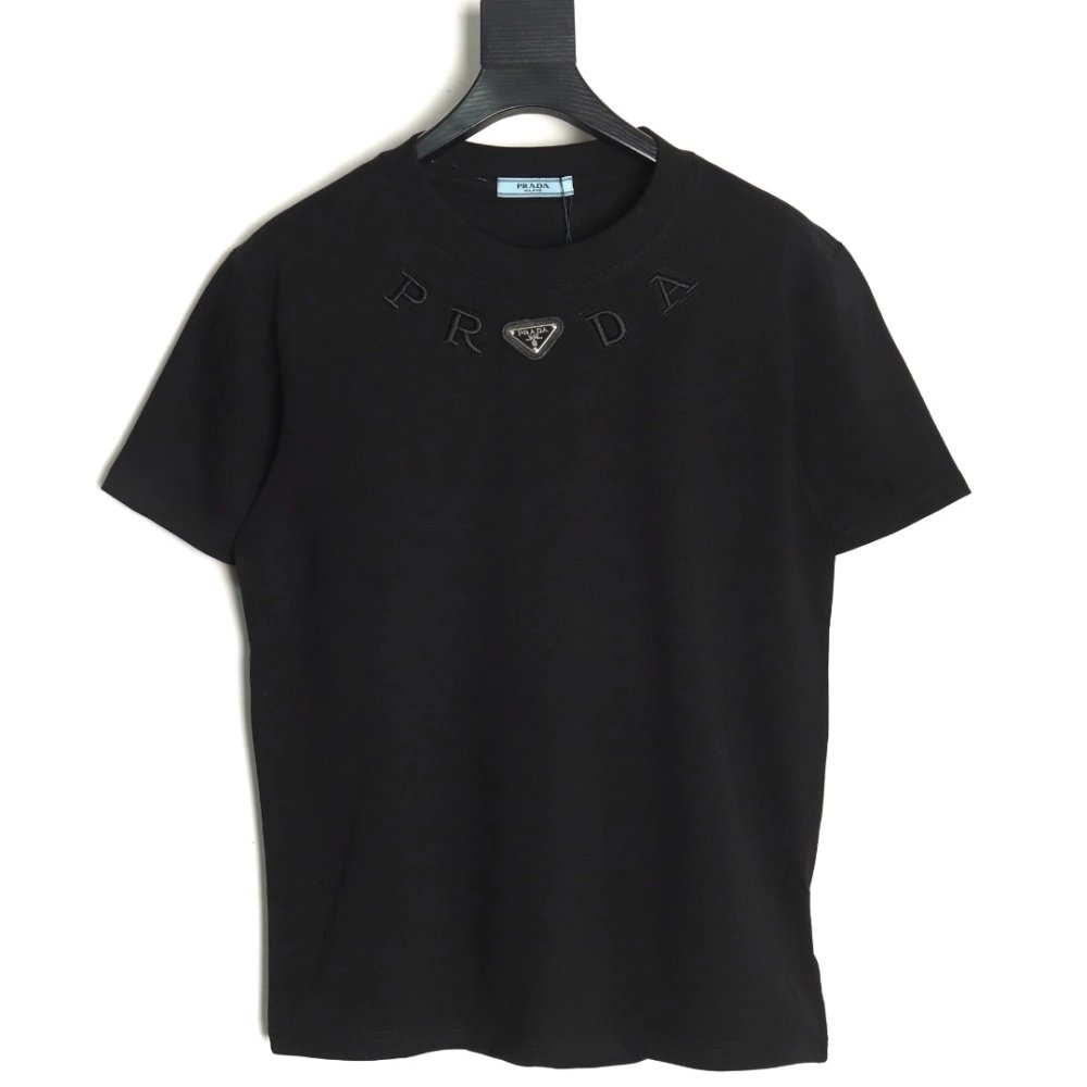 Prada neckline letter embroidery triangle logo short sleeves TSK1,Prada