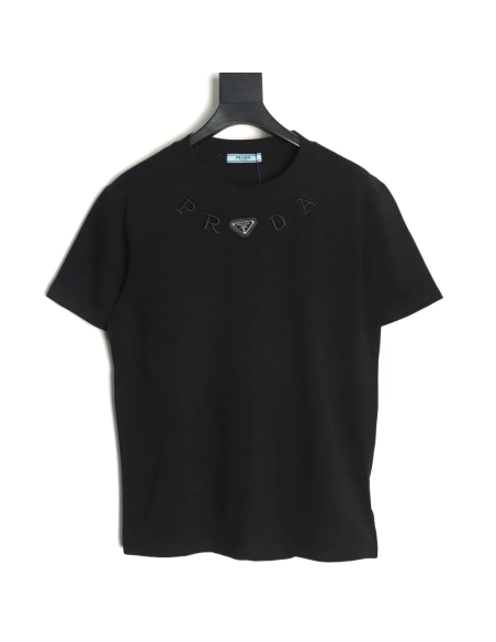 Prada neckline letter embroidery triangle logo short sleeves TSK1,Prada
