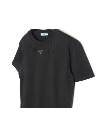 Prada neckline letter embroidery triangle logo short sleeves TSK1,Prada
