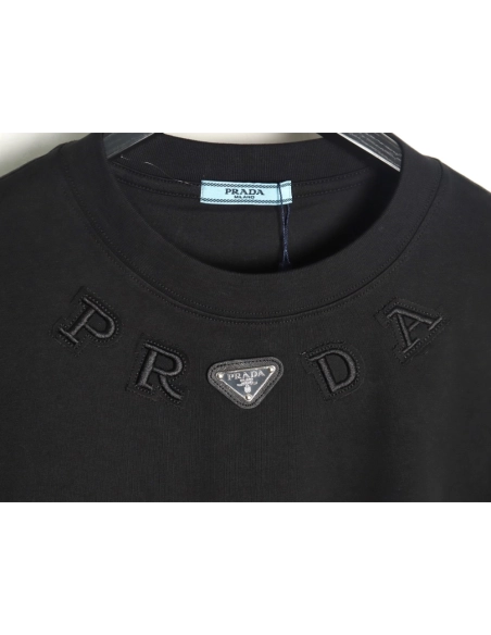 Prada neckline letter embroidery triangle logo short sleeves TSK1,Prada