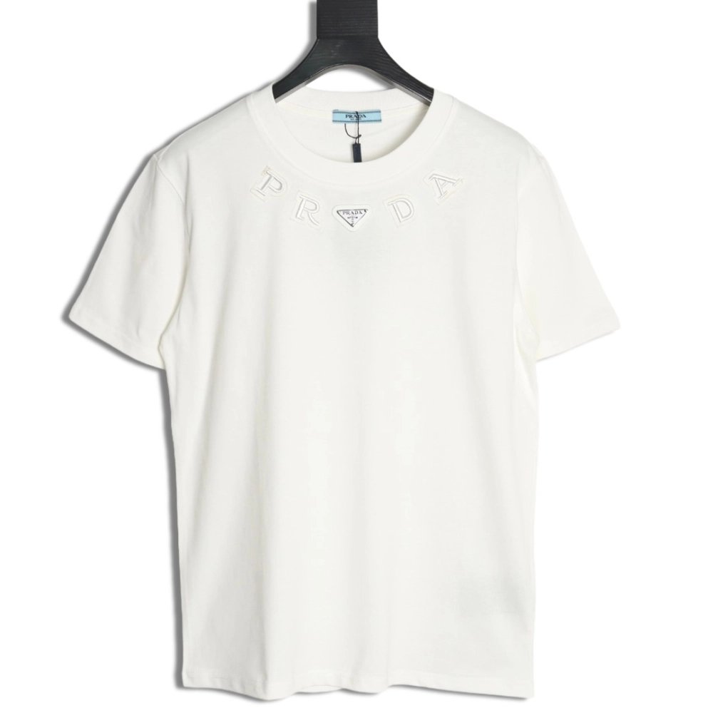 Prada neckline letter embroidery triangle logo short sleeves,Prada
