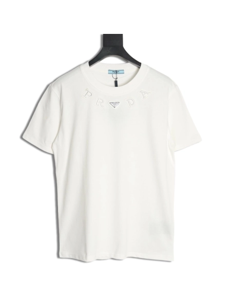 Prada neckline letter embroidery triangle logo short sleeves,Prada