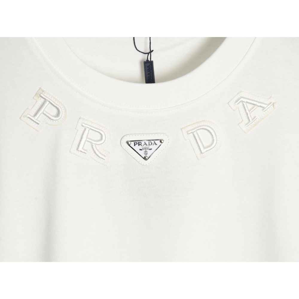 Prada neckline letter embroidery triangle logo short sleeves,Prada