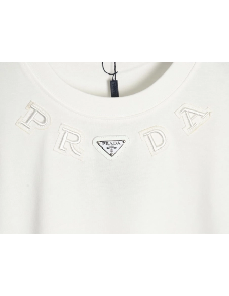 Prada neckline letter embroidery triangle logo short sleeves,Prada