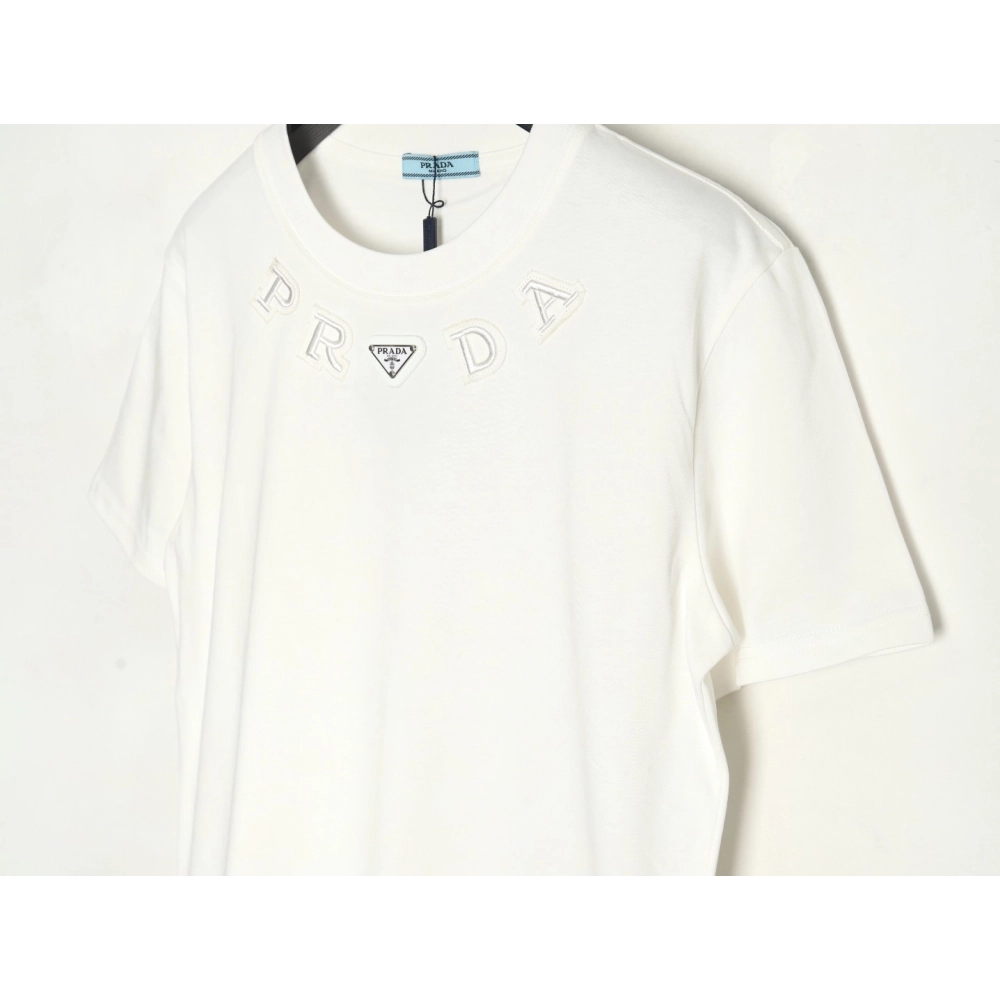 Prada neckline letter embroidery triangle logo short sleeves,Prada