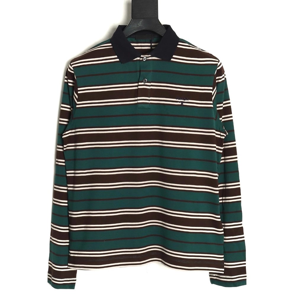 Prada Green Striped Long Sleeve Polo Shirt,Prada