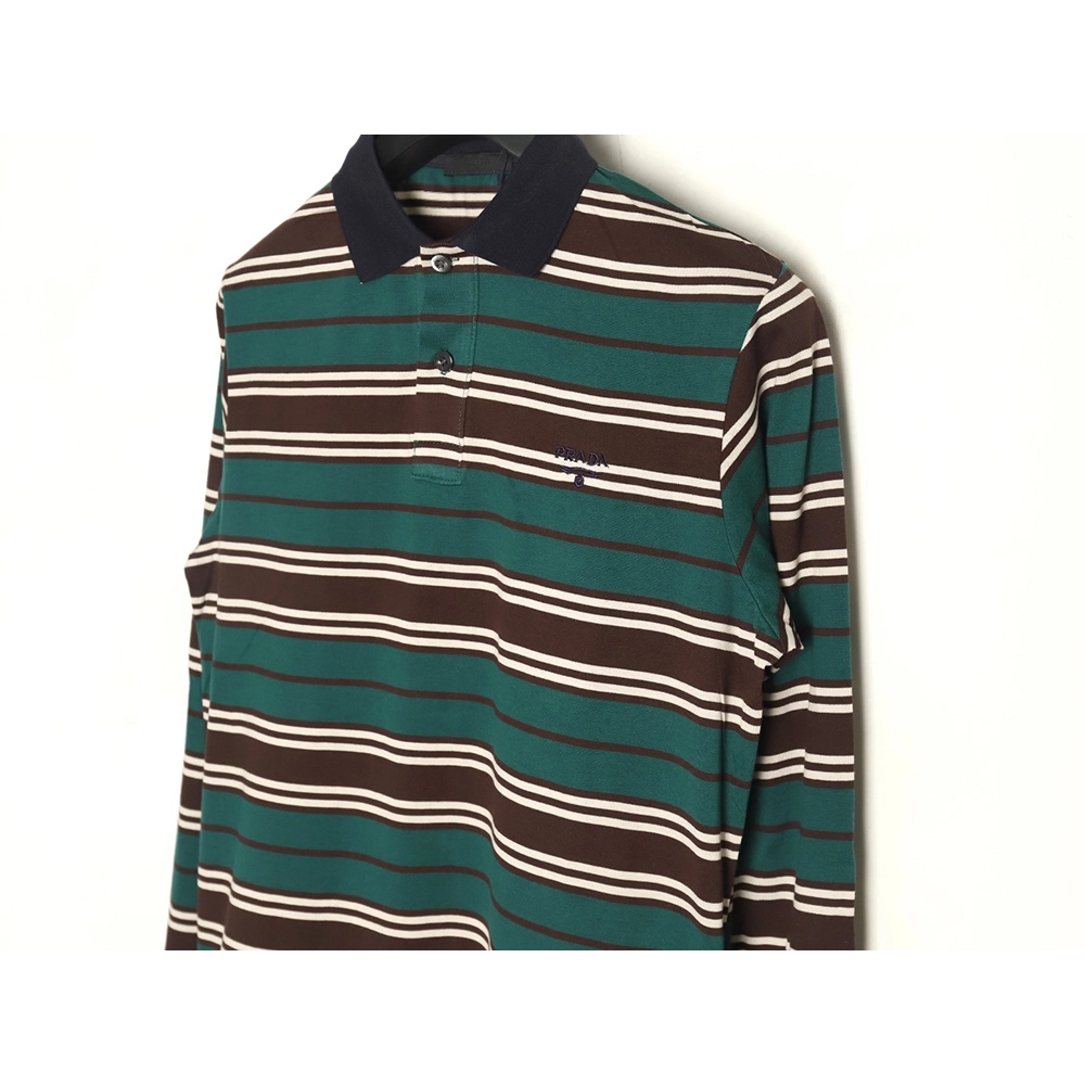 Prada Green Striped Long Sleeve Polo Shirt,Prada