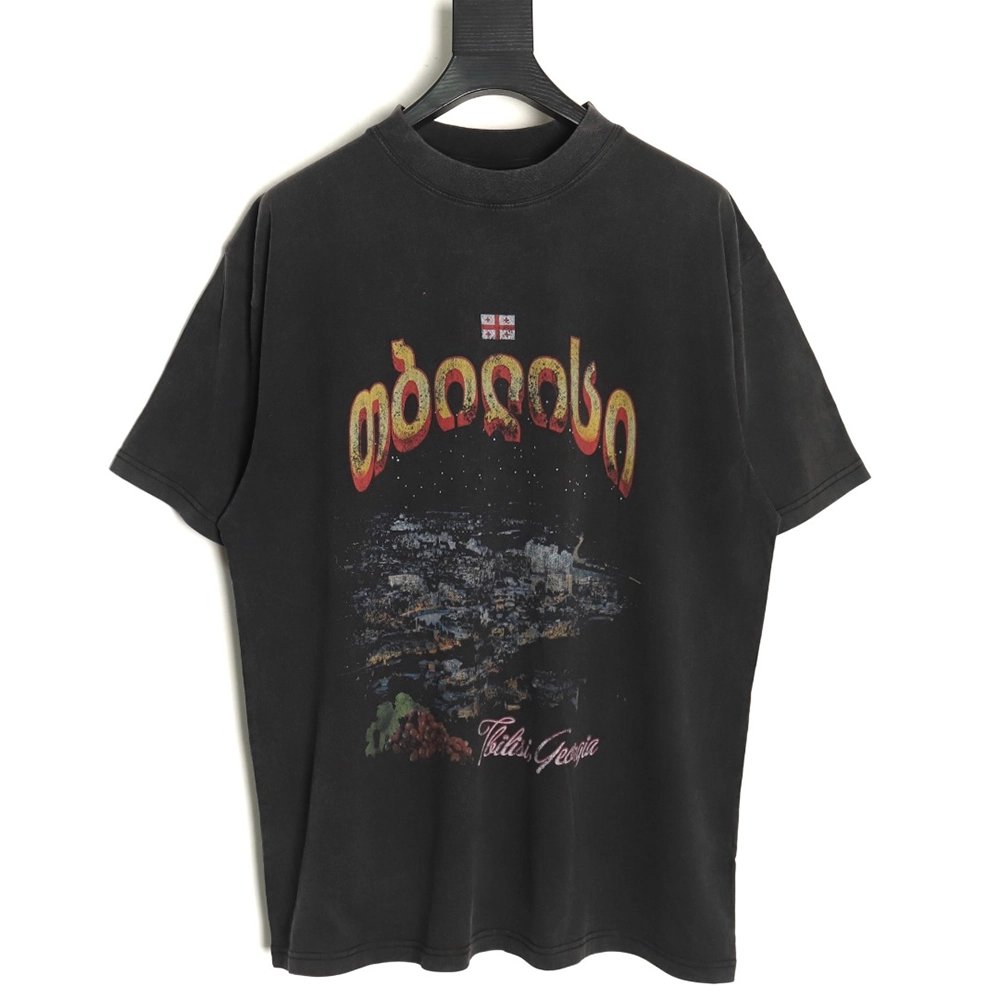 Balenciaga Night scene pattern faded letter print round neck short sleeve T-shirt,Balenciaga