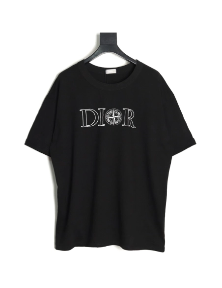 Dior &amp; Stone Island Embroidered Letter Compass Short Sleeve T-Shirt TSK1,Dior