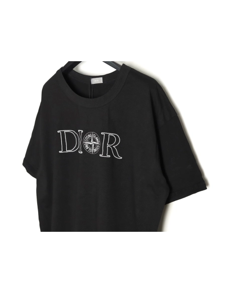 Dior &amp; Stone Island Embroidered Letter Compass Short Sleeve T-Shirt TSK1,Dior