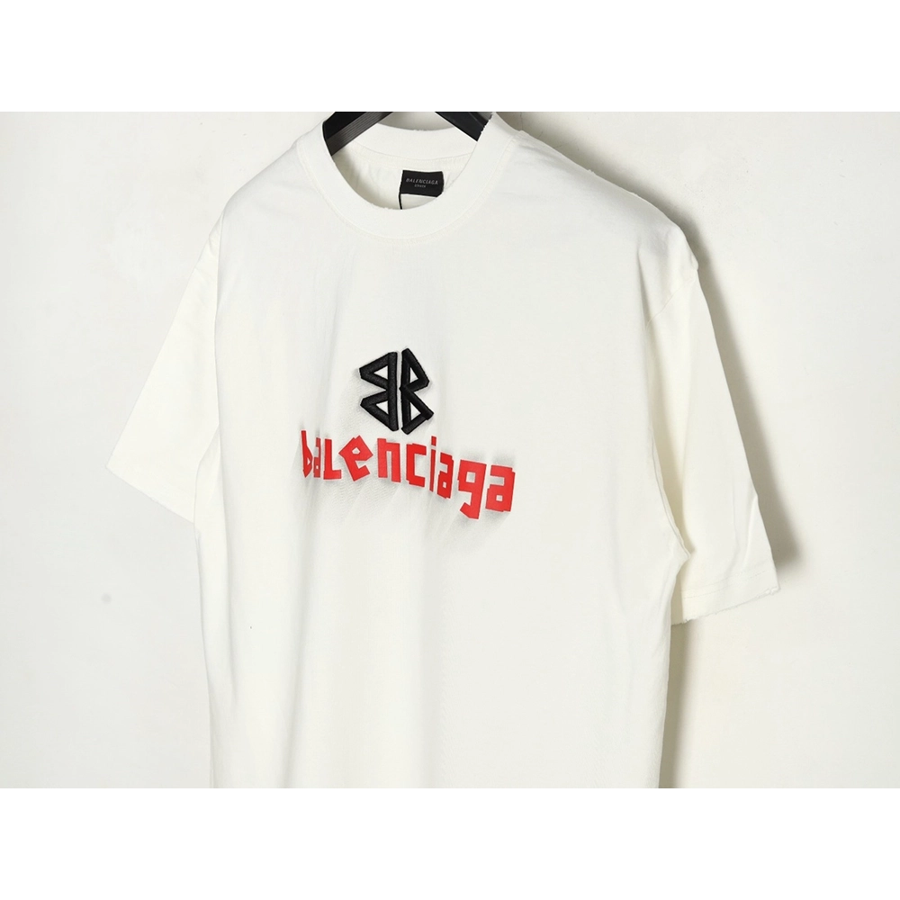 Balenciaga Double B embroidery and 3D inkjet logo ripped short-sleeved T-shirt,Balenciaga