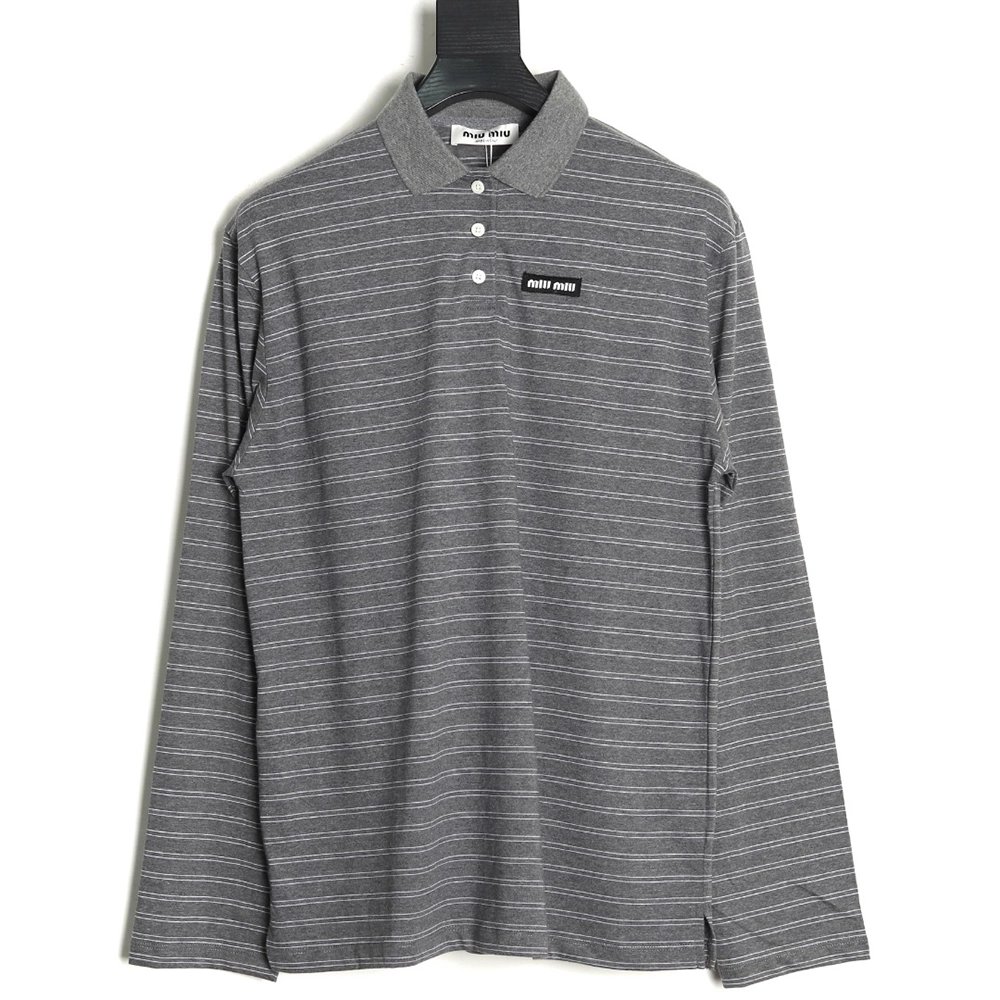Miu Miu Grey Stripe Logo Long Sleeve Polo Shirt,Miu Miu