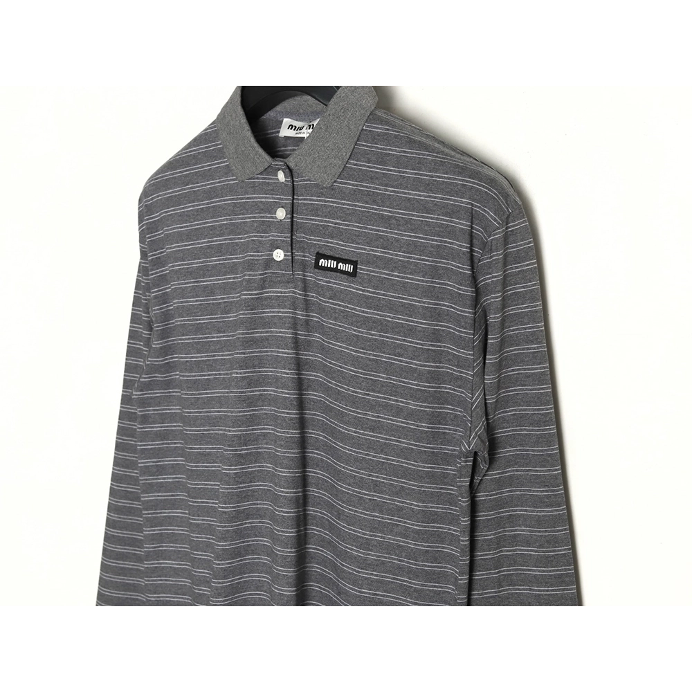 Miu Miu Grey Stripe Logo Long Sleeve Polo Shirt,Miu Miu