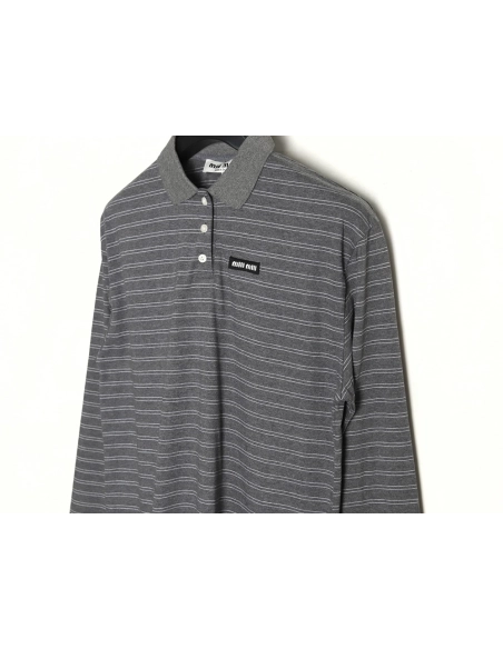 Miu Miu Grey Stripe Logo Long Sleeve Polo Shirt,Miu Miu