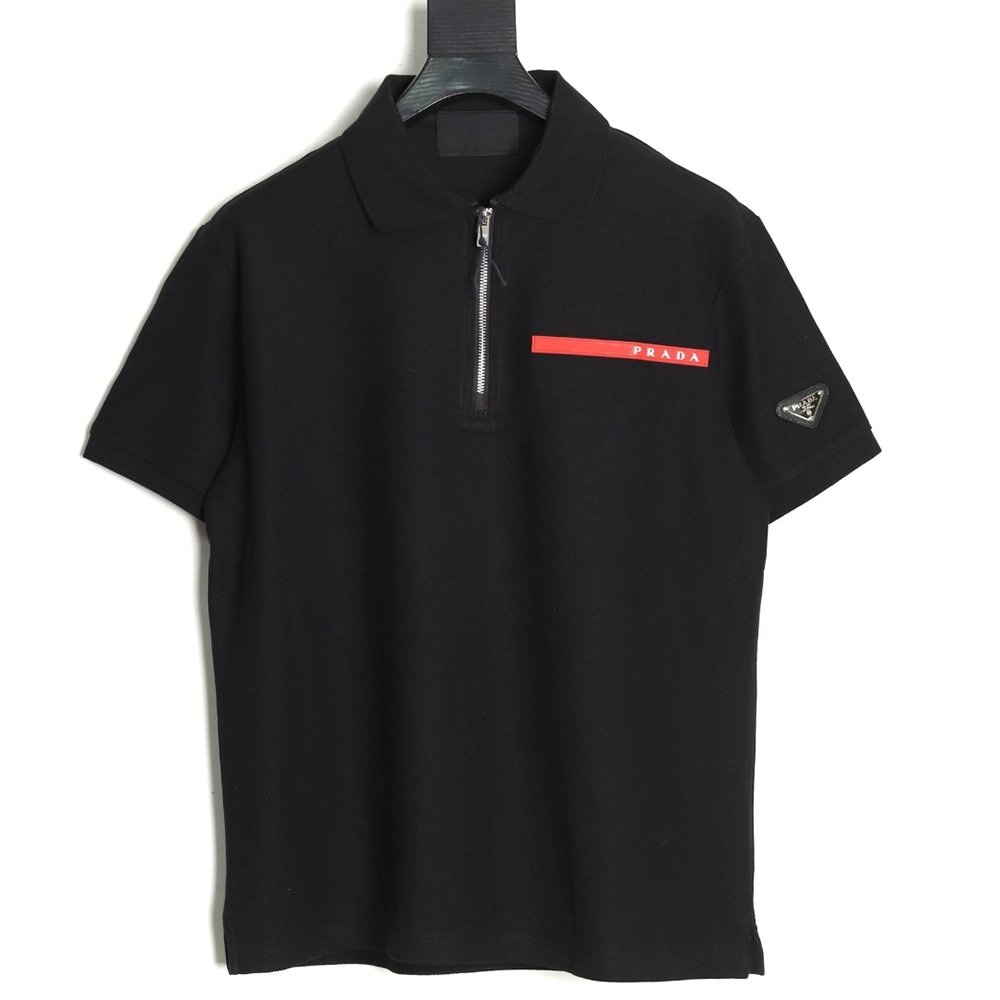 Prada Red Stripe Triangle Half Zip Short Sleeve POLO Shirt,Prada