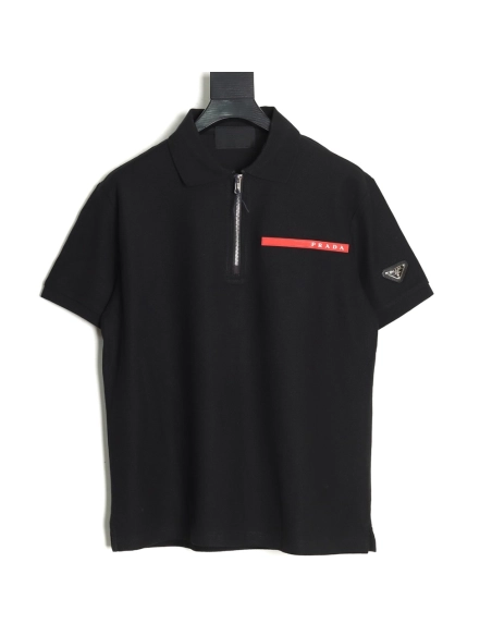Prada Red Stripe Triangle Half Zip Short Sleeve POLO Shirt,Prada
