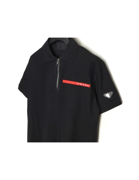 Prada Red Stripe Triangle Half Zip Short Sleeve POLO Shirt,Prada