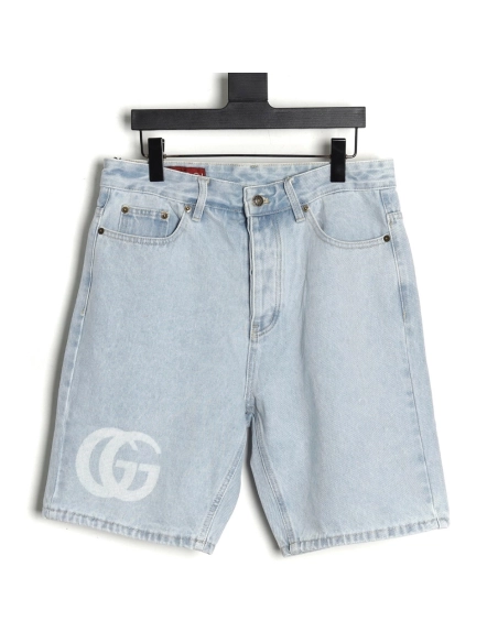 Gucci Double G print washed blue denim shorts,Gucci