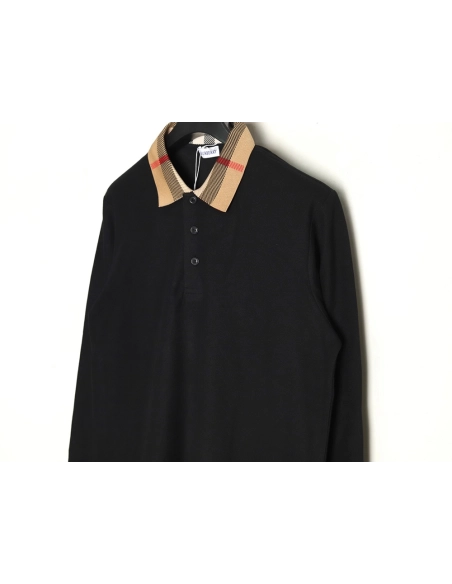 Burberry Check Lapel Long Sleeve Polo Shirt Black,Burberry