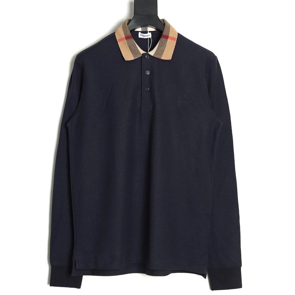 Burberry Check Lapel Long Sleeve Polo Shirt Navy,Burberry