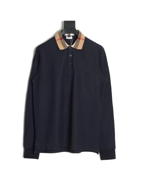 Burberry Check Lapel Long Sleeve Polo Shirt Navy,Burberry