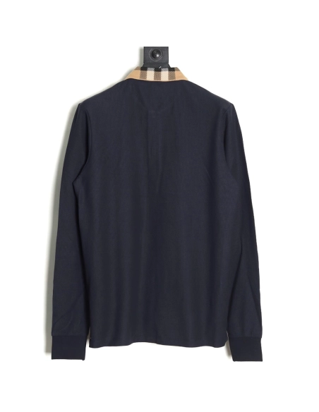 Burberry Check Lapel Long Sleeve Polo Shirt Navy,Burberry